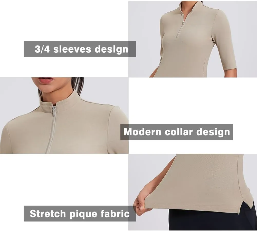 Women's 3/4 Sleeve Golf Polo Shirts UPF 50  1/4 Zip Pullover Shirts Quick Dry Outdoor Athletic Shirt