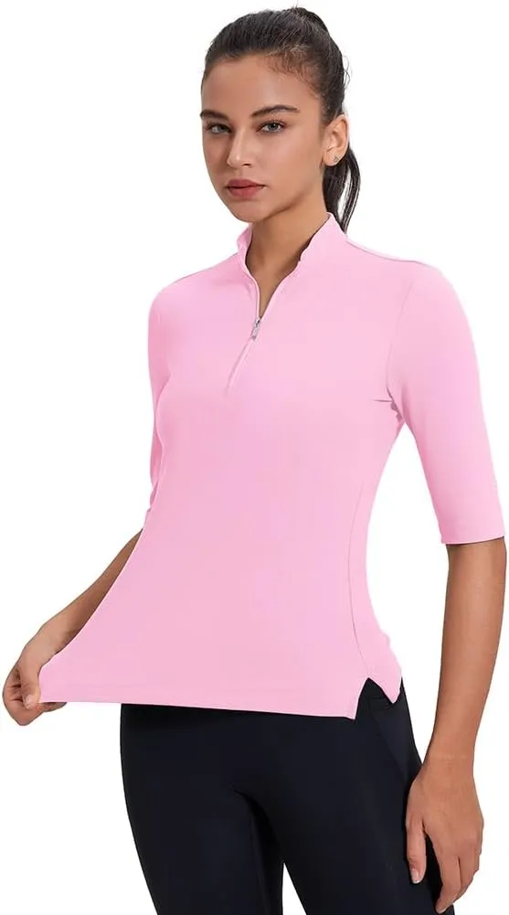 Women's 3/4 Sleeve Golf Polo Shirts UPF 50  1/4 Zip Pullover Shirts Quick Dry Outdoor Athletic Shirt