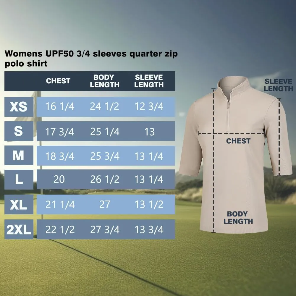 Women's 3/4 Sleeve Golf Polo Shirts UPF 50  1/4 Zip Pullover Shirts Quick Dry Outdoor Athletic Shirt