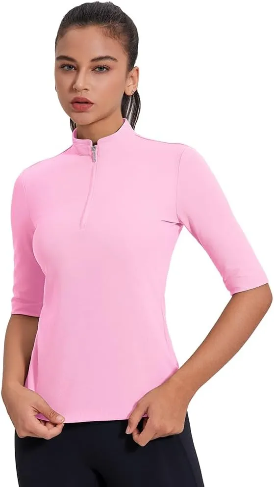 Women's 3/4 Sleeve Golf Polo Shirts UPF 50  1/4 Zip Pullover Shirts Quick Dry Outdoor Athletic Shirt