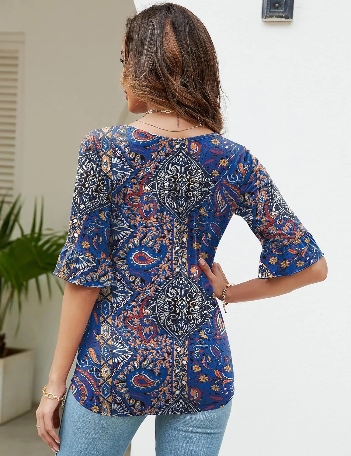 Womens 3/4 Sleeve Shirts Summer Square Neck Bell Sleeve Tops Business Casual Loose Tunic Work Dressy Blouses
