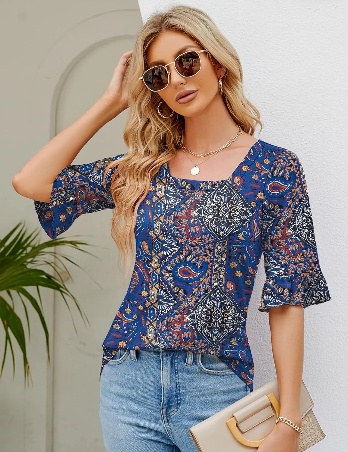 Womens 3/4 Sleeve Shirts Summer Square Neck Bell Sleeve Tops Business Casual Loose Tunic Work Dressy Blouses
