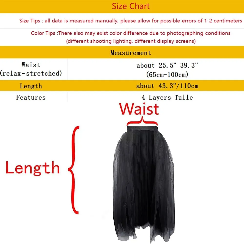 Women's 4 Layers Maxi Tulle Overlay Long Tutu Tulle Dresses Floor Length Elastic Waist Bustle Skirt for Festival Party