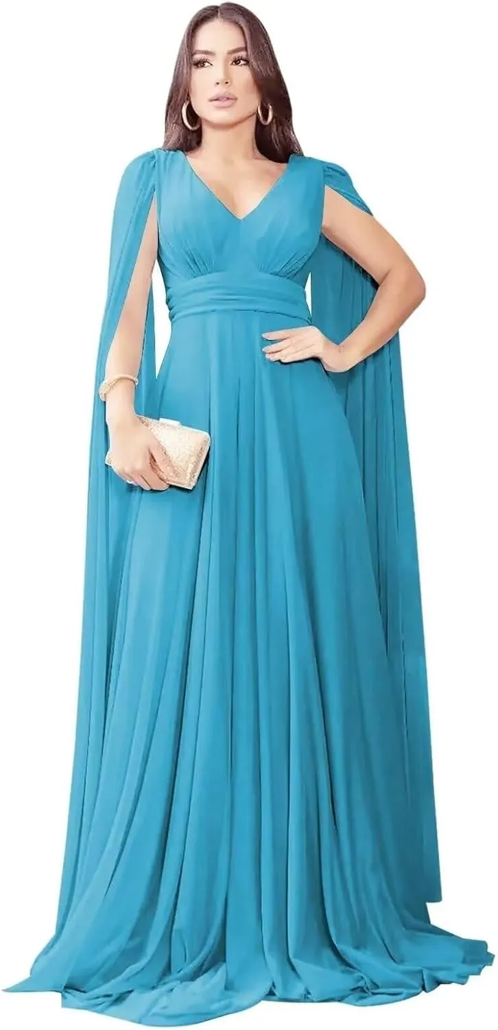 Women's A Line Chiffon Long Sleeve Prom Dress Long Sleeveless V-Neck Formal Party Evening Gown with Cape