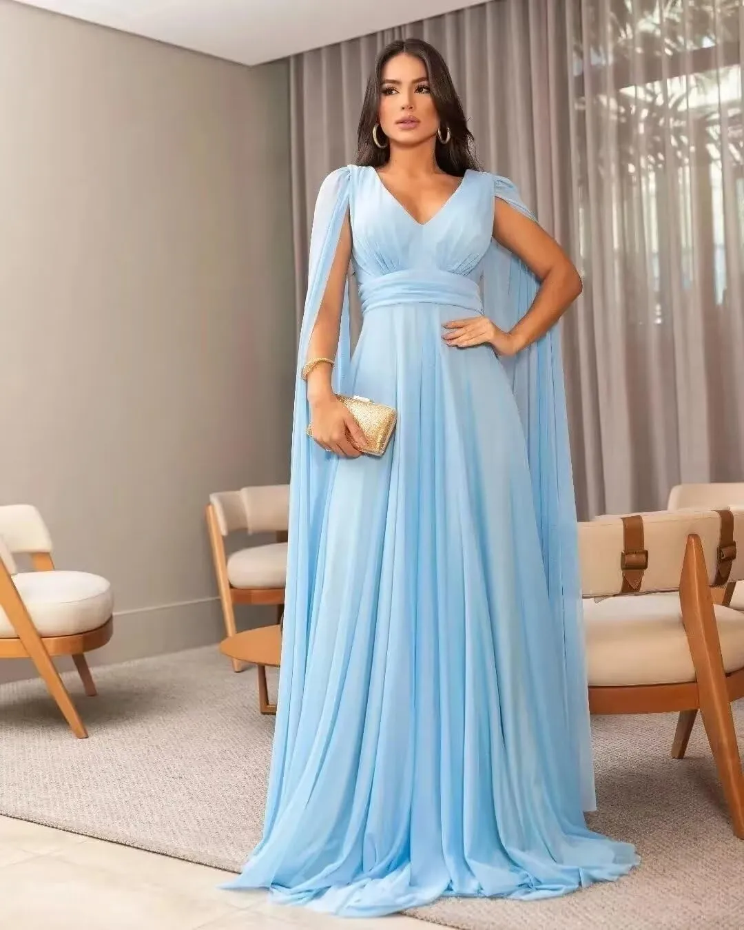 Women's A Line Chiffon Long Sleeve Prom Dress Long Sleeveless V-Neck Formal Party Evening Gown with Cape
