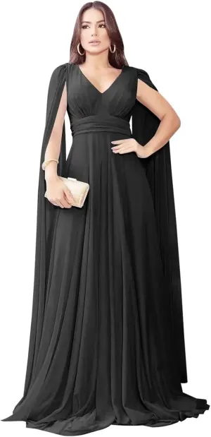 Women's A Line Chiffon Long Sleeve Prom Dress Long Sleeveless V-Neck Formal Party Evening Gown with Cape