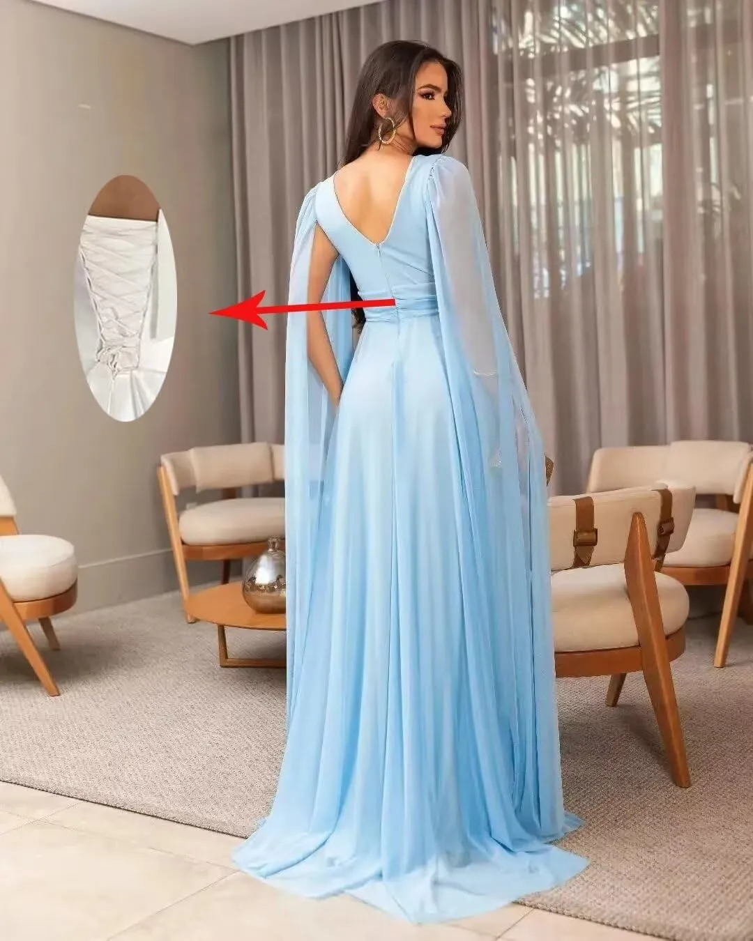 Women's A Line Chiffon Long Sleeve Prom Dress Long Sleeveless V-Neck Formal Party Evening Gown with Cape