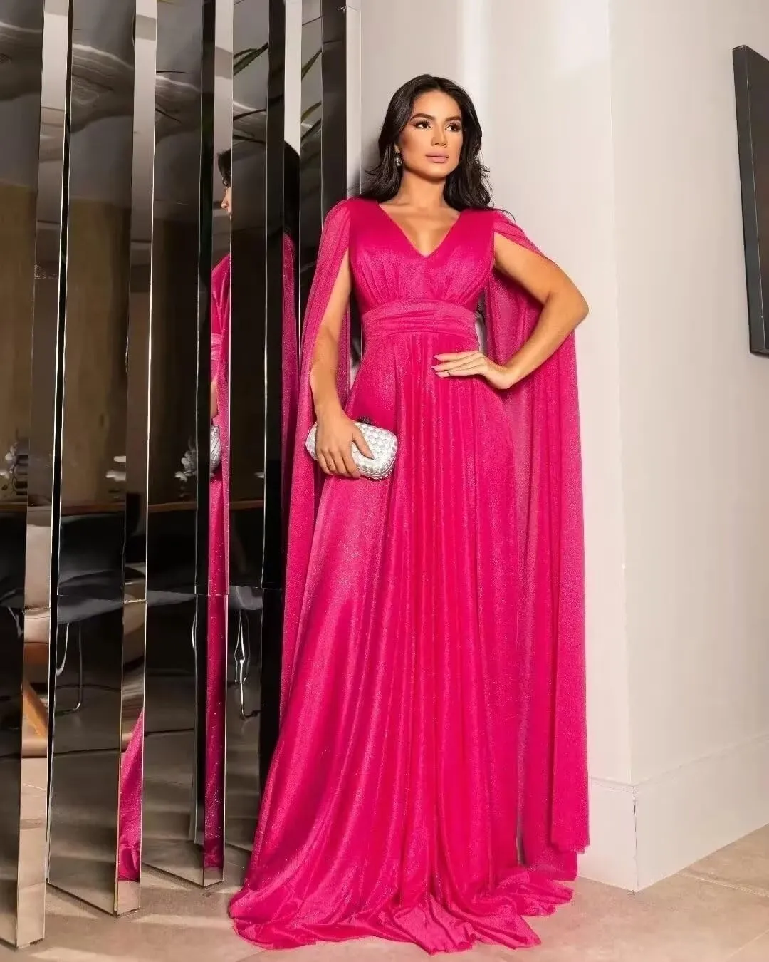 Women's A Line Chiffon Long Sleeve Prom Dress Long Sleeveless V-Neck Formal Party Evening Gown with Cape
