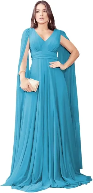 Women's A Line Chiffon Long Sleeve Prom Dress Long Sleeveless V-Neck Formal Party Evening Gown with Cape