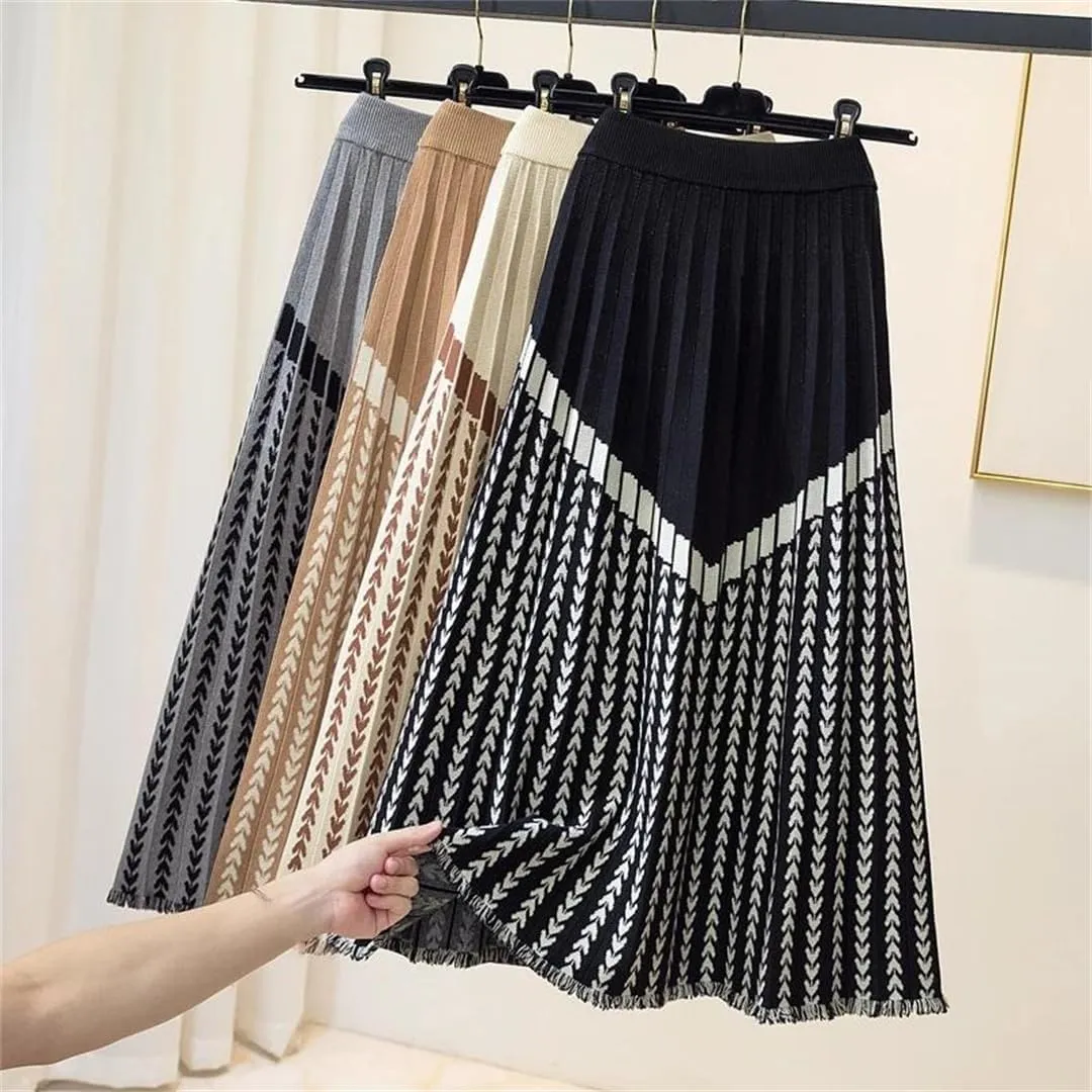 Women's Autumn Winter Midi Knitted A-Line Pleated Skirt with Geometric Print