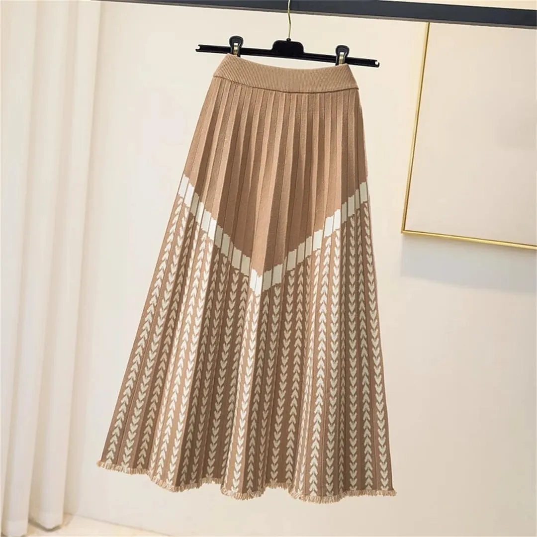 Women's Autumn Winter Midi Knitted A-Line Pleated Skirt with Geometric Print