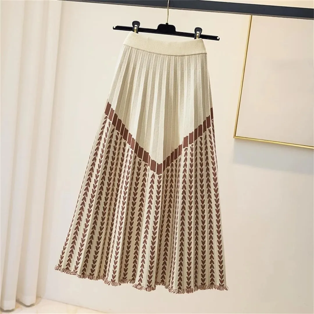 Women's Autumn Winter Midi Knitted A-Line Pleated Skirt with Geometric Print