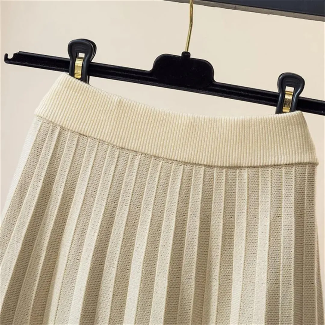 Women's Autumn Winter Midi Knitted A-Line Pleated Skirt with Geometric Print
