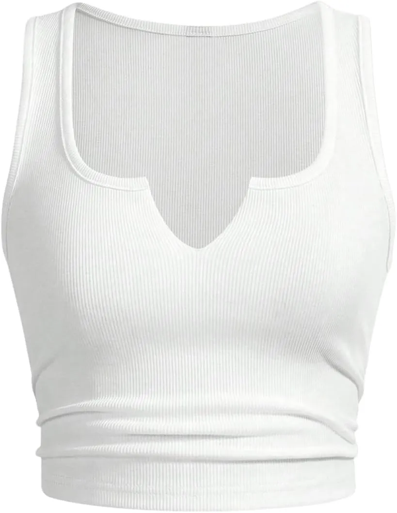 Women's Basic Sleeveless V Neck Tank Tops Ribbed Knit Fitted Crop Tops Casual Workout Top
