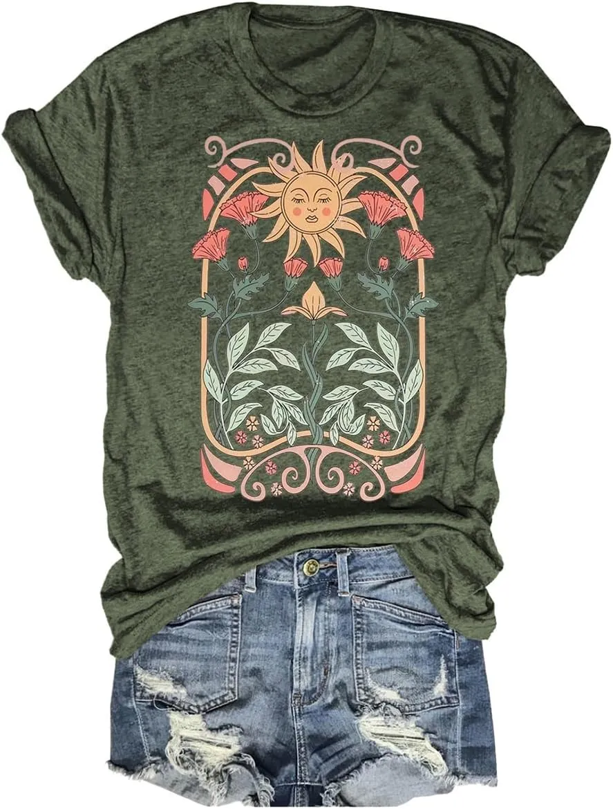 Women's Boho Floral T Shirt Summer Casual Art Nouveau Wildflowers Vintage Flowers Nature Graphic Tees Tops