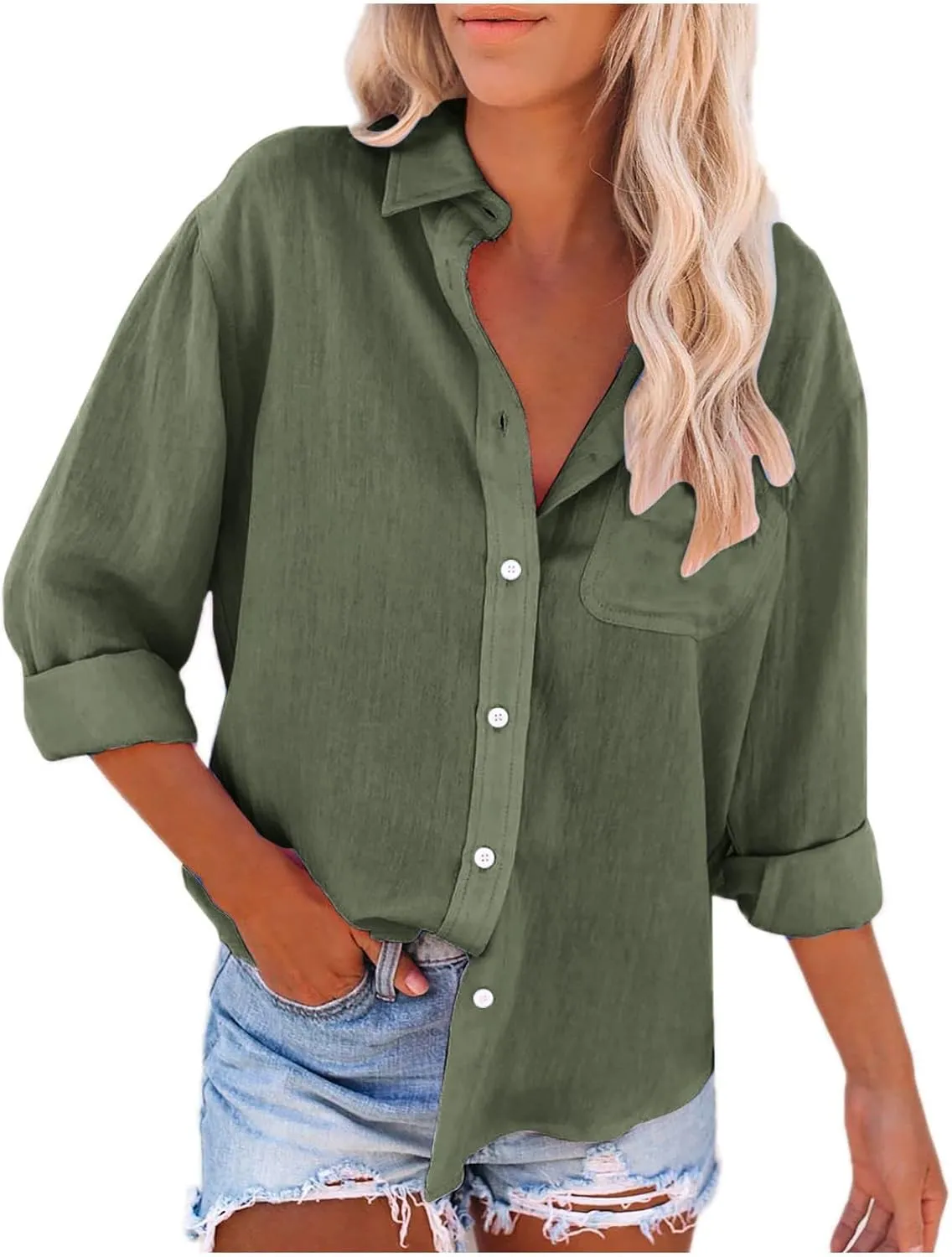 Womens Button Down Shirts Long Sleeve Collared Dress Tunic Cotton Oversized Blouses Going Out Dressy Casual Tops