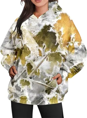 Womens Camo Hoodies Casual Loose Fit Long Sleeve Sweatshirts Maple Leaf Print Oversized Pullover Tops with Pocket