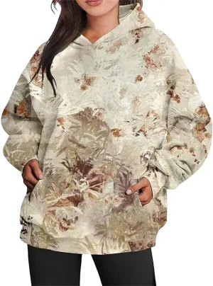 Womens Camo Hoodies Casual Loose Fit Long Sleeve Sweatshirts Maple Leaf Print Oversized Pullover Tops with Pocket