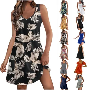 Women's Casual Sundress with Pockets Summer Boho Beach Dress Floral Blouses T-Shirts Dress Tank, S-3XL