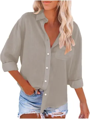 Womens Cotton Linen Shirts with Pockets Long Sleeve Button Down Oversized Tshirts Ladies Vacation Beach Work Tops
