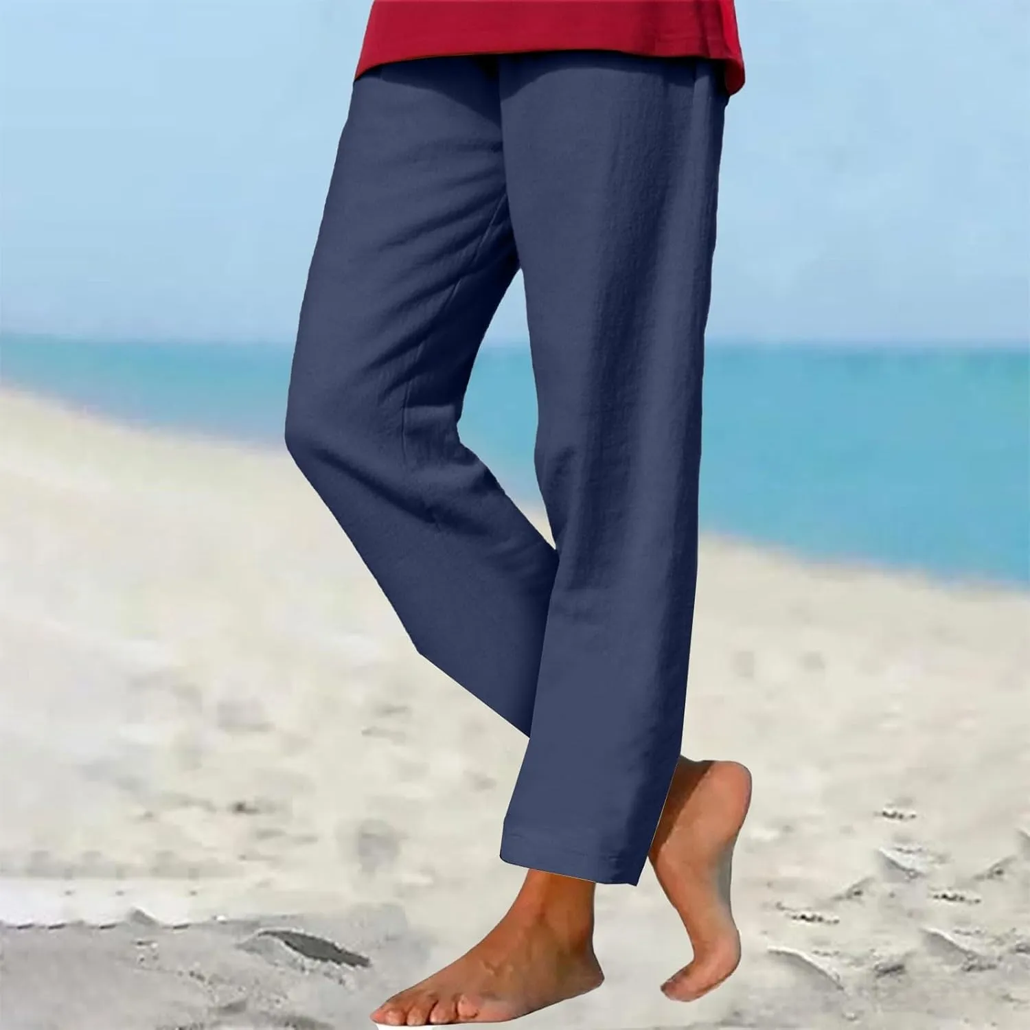 Womens Cotton Linen Straight Leg Pants Elastic Drawstring Casual Trousers with Pockets Summer Beach Loose Lounge Pant