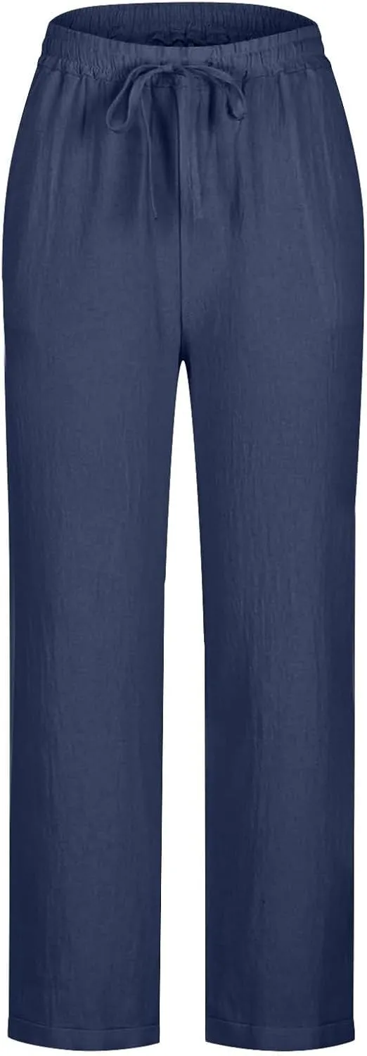 Womens Cotton Linen Straight Leg Pants Elastic Drawstring Casual Trousers with Pockets Summer Beach Loose Lounge Pant
