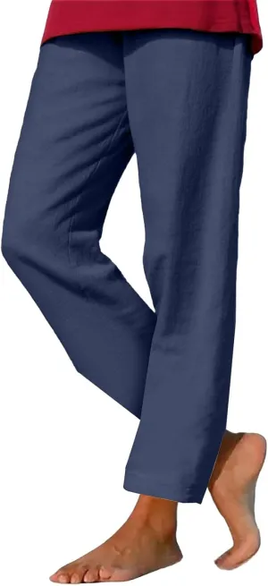 Womens Cotton Linen Straight Leg Pants Elastic Drawstring Casual Trousers with Pockets Summer Beach Loose Lounge Pant