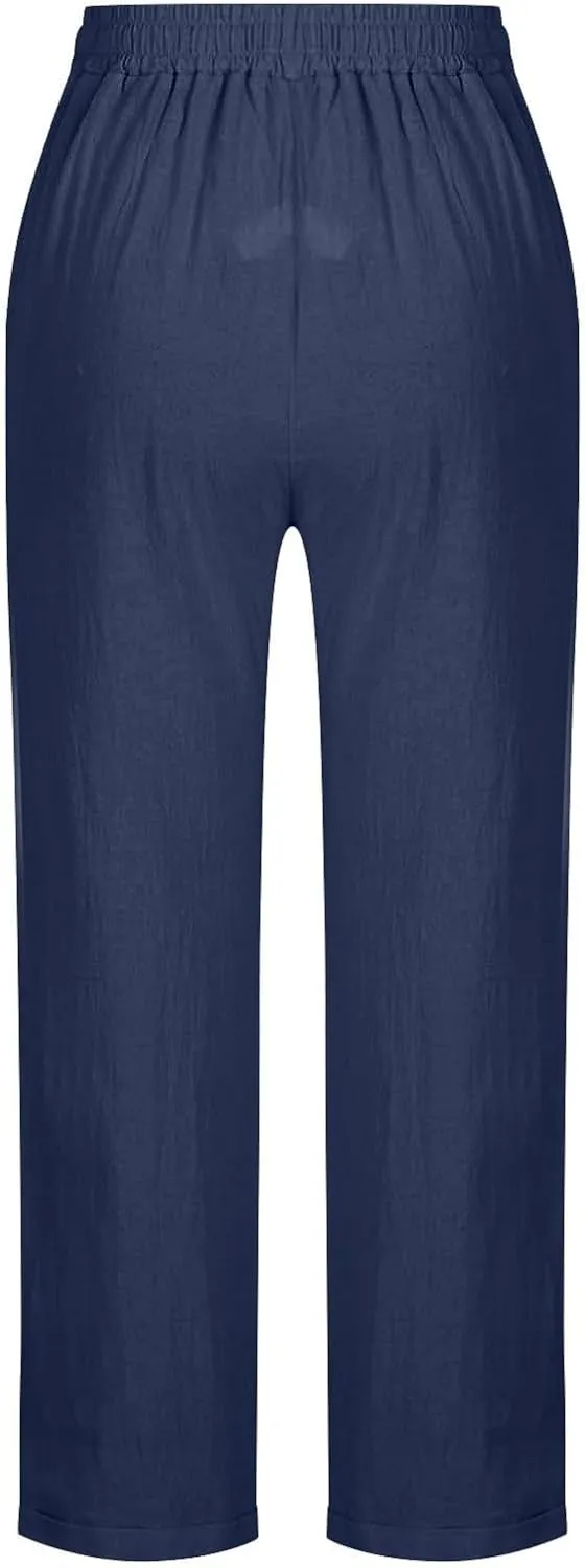 Womens Cotton Linen Straight Leg Pants Elastic Drawstring Casual Trousers with Pockets Summer Beach Loose Lounge Pant