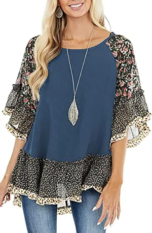 Womens Crew Neck Casual Pullover 3/4 Sleeve Boho Floral Blouses Loose Tops Shirt Sweatshirts S - 5XL