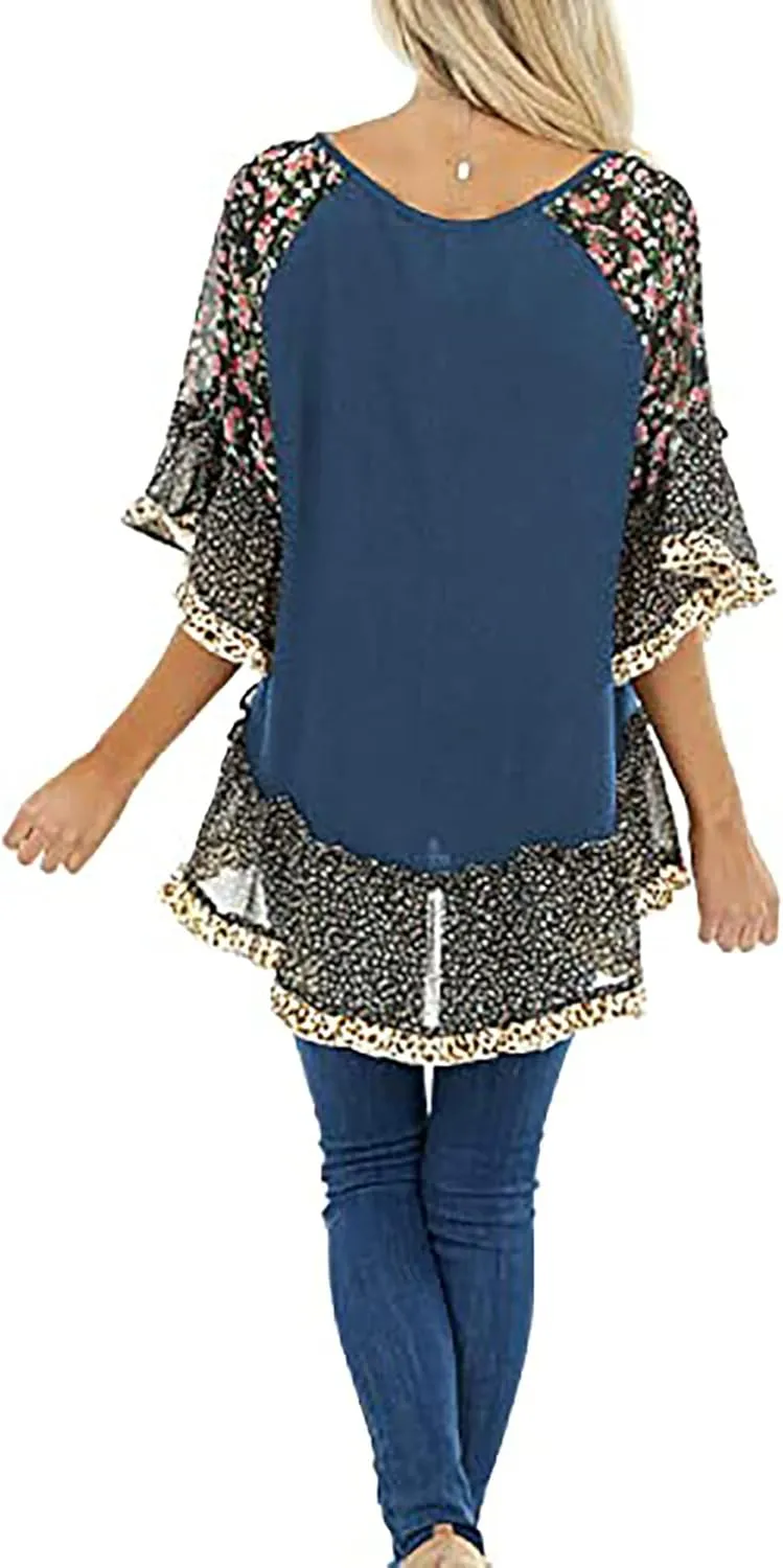 Womens Crew Neck Casual Pullover 3/4 Sleeve Boho Floral Blouses Loose Tops Shirt Sweatshirts S - 5XL