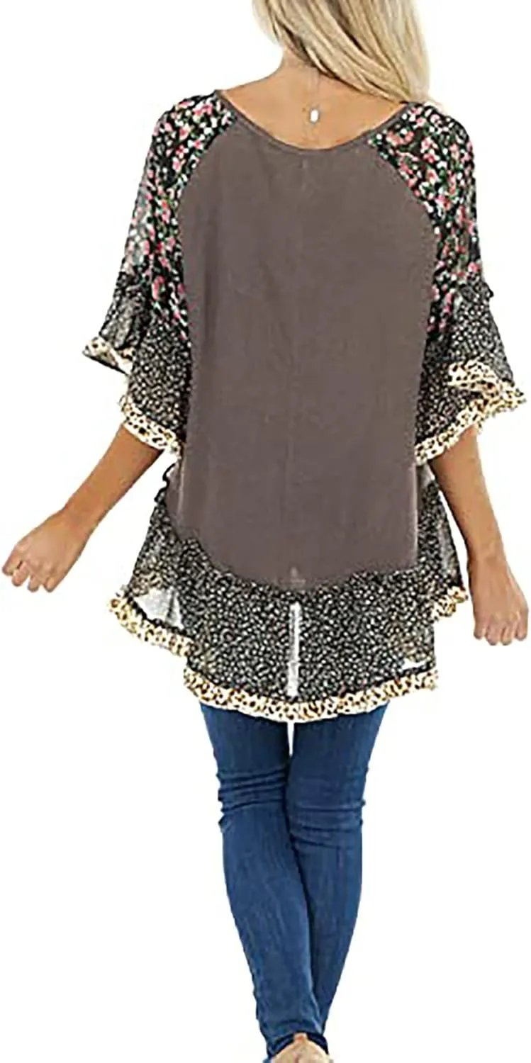 Womens Crew Neck Casual Pullover 3/4 Sleeve Boho Floral Blouses Loose Tops Shirt Sweatshirts S - 5XL