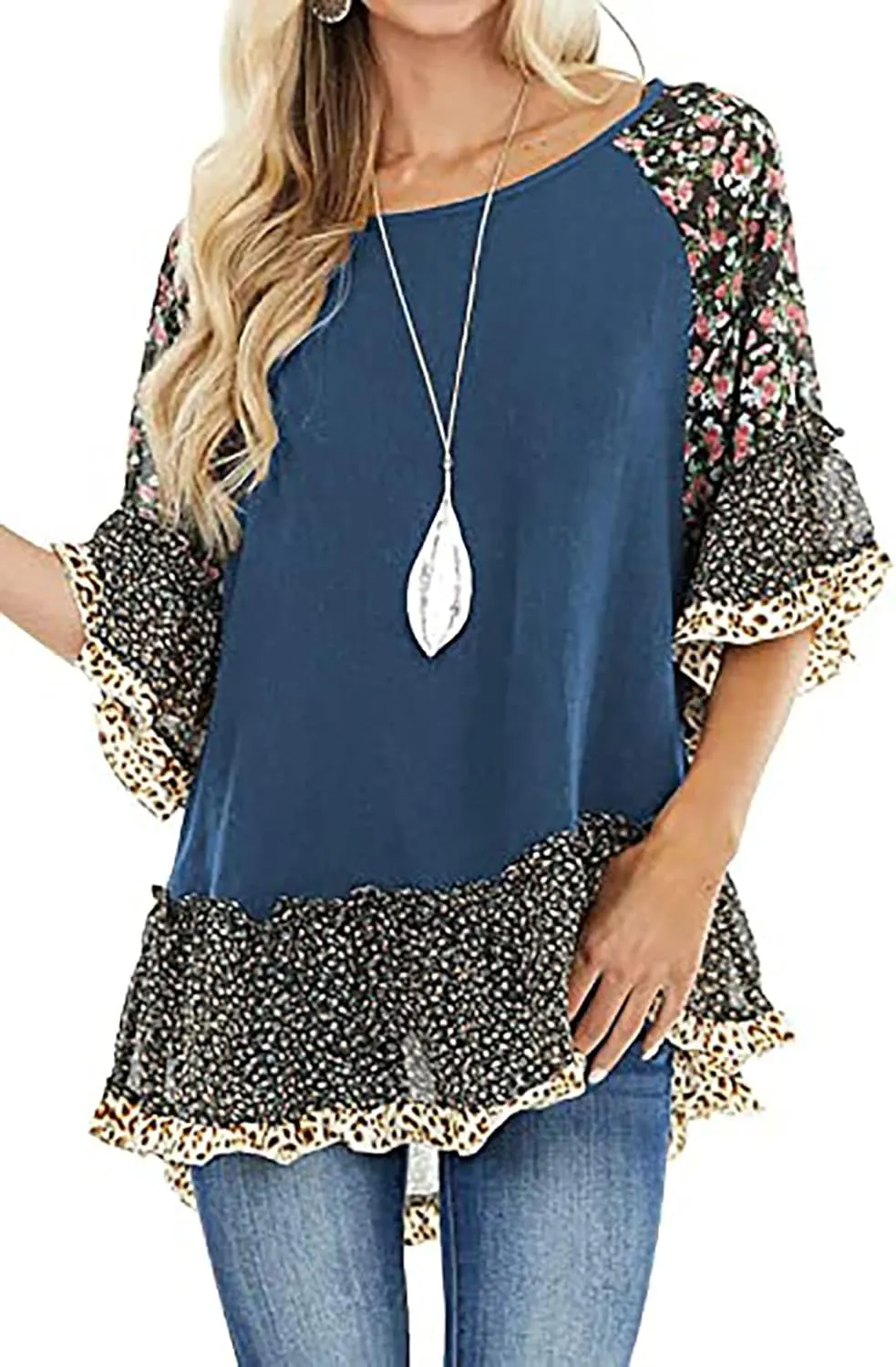 Womens Crew Neck Casual Pullover 3/4 Sleeve Boho Floral Blouses Loose Tops Shirt Sweatshirts S - 5XL