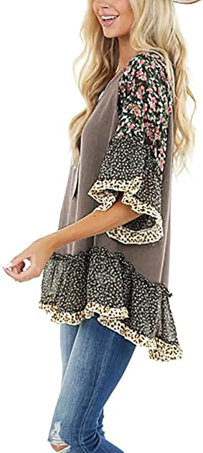 Womens Crew Neck Casual Pullover 3/4 Sleeve Boho Floral Blouses Loose Tops Shirt Sweatshirts S - 5XL