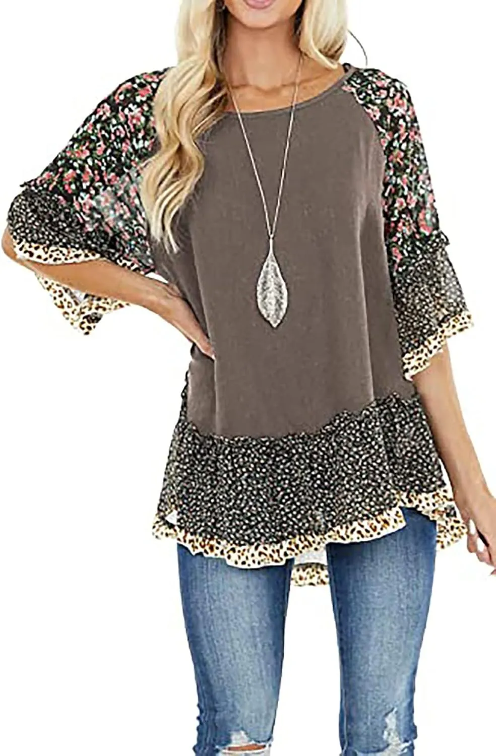Womens Crew Neck Casual Pullover 3/4 Sleeve Boho Floral Blouses Loose Tops Shirt Sweatshirts S - 5XL