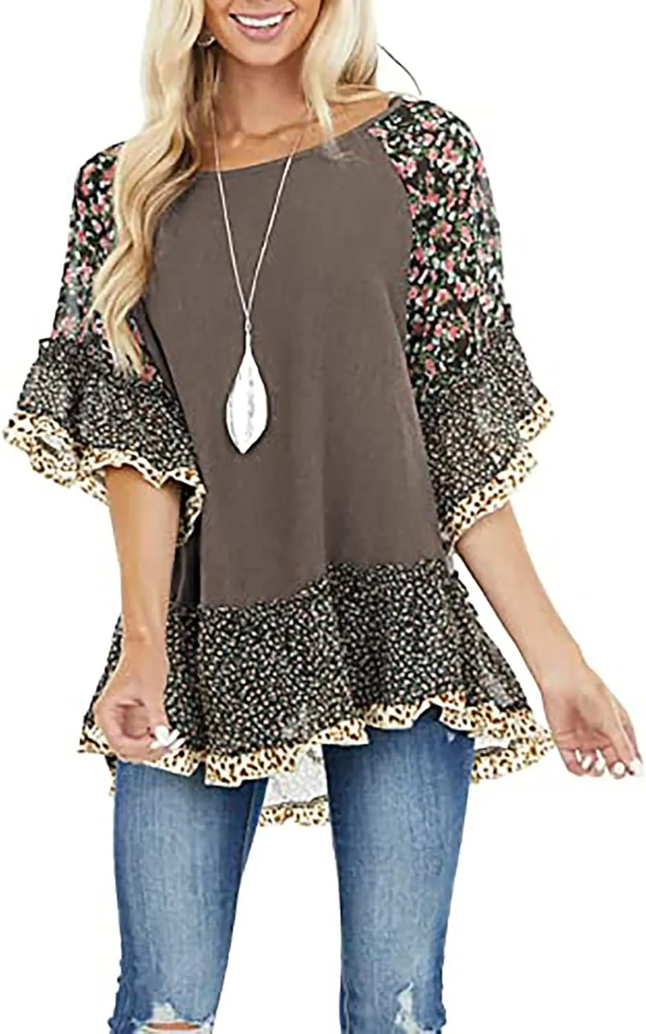 Womens Crew Neck Casual Pullover 3/4 Sleeve Boho Floral Blouses Loose Tops Shirt Sweatshirts S - 5XL