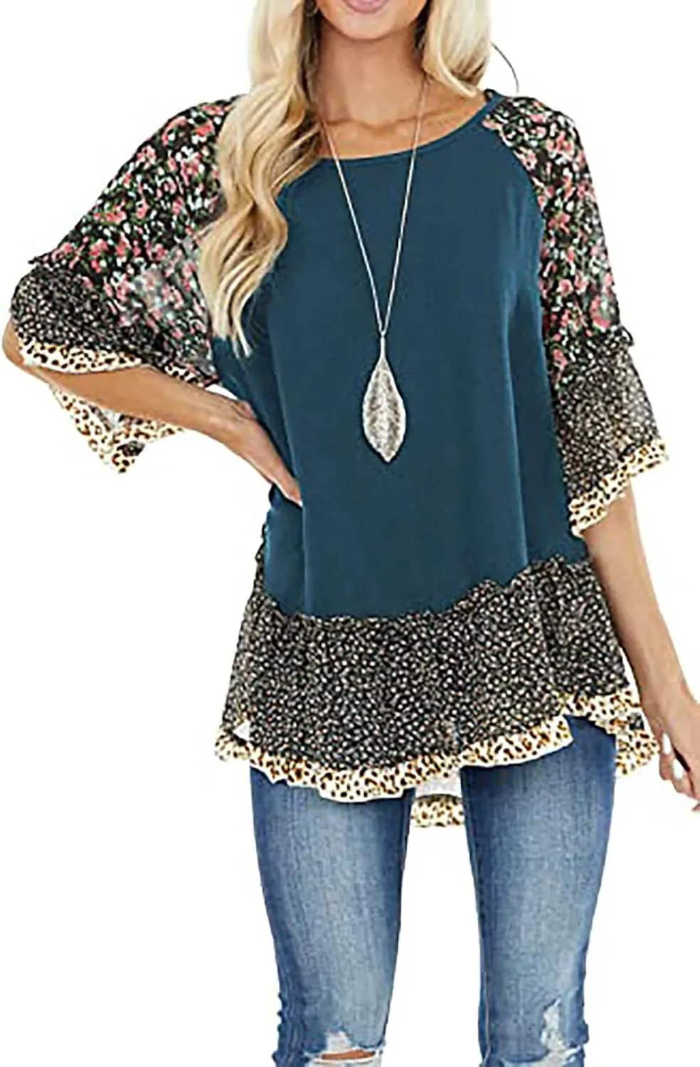 Womens Crew Neck Casual Pullover 3/4 Sleeve Boho Floral Blouses Loose Tops Shirt Sweatshirts S - 5XL
