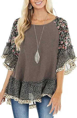 Womens Crew Neck Casual Pullover 3/4 Sleeve Boho Floral Blouses Loose Tops Shirt Sweatshirts S - 5XL