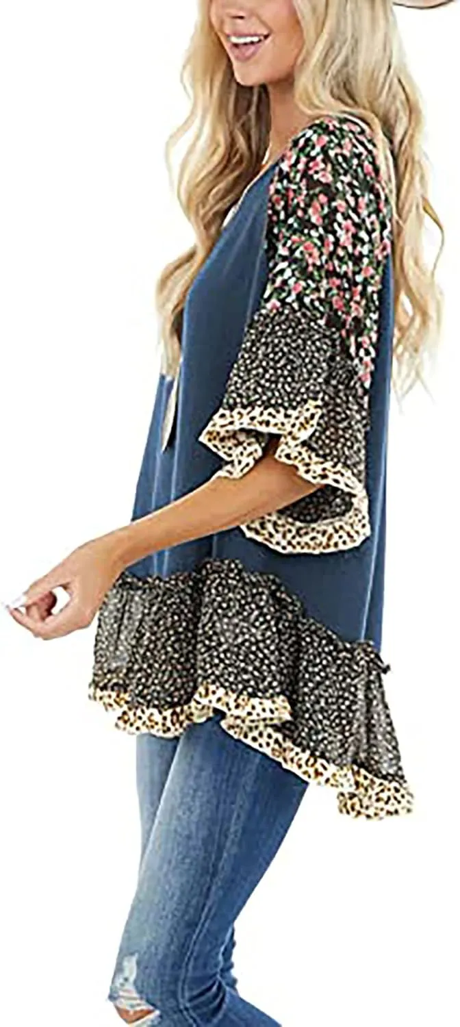 Womens Crew Neck Casual Pullover 3/4 Sleeve Boho Floral Blouses Loose Tops Shirt Sweatshirts S - 5XL