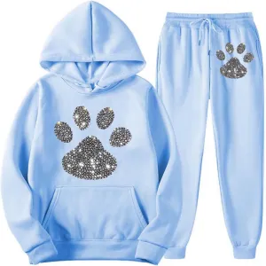 Women's Dog Paw Love Heart Rhinestone Graphic Oversized Sweatsuits Long Sleeve Hoodies Jogger Pants 2 Piece Outfits