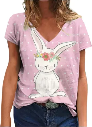Womens Easter Shirts Short Sleeve V-Neck Easter's Day Tops Rabbits Bunny T-Shirt Floral Print Boho Tees Tunic Top