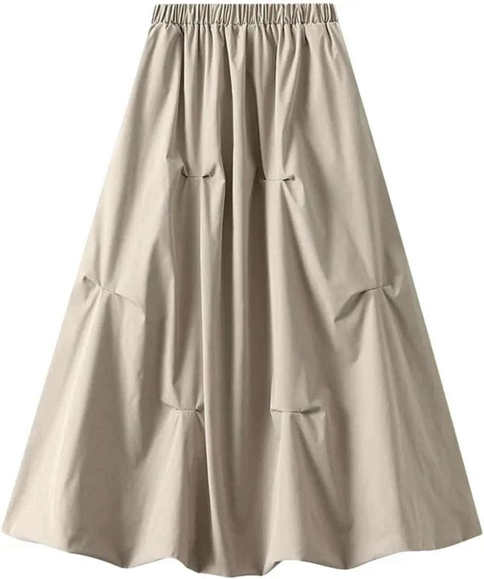 Women's Elasticated High Waist Midi Skirt Summer Pleated Work Office A-line Skirt