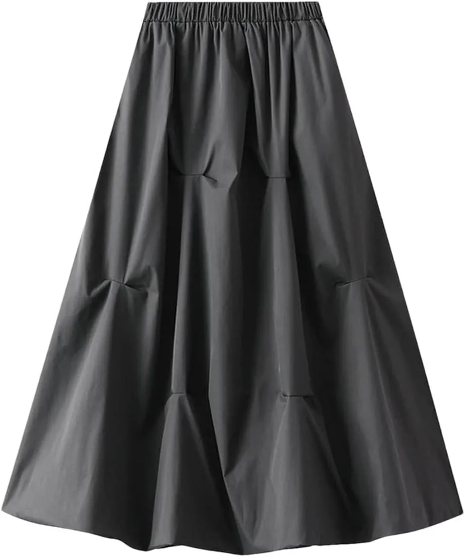 Women's Elasticated High Waist Midi Skirt Summer Pleated Work Office A-line Skirt
