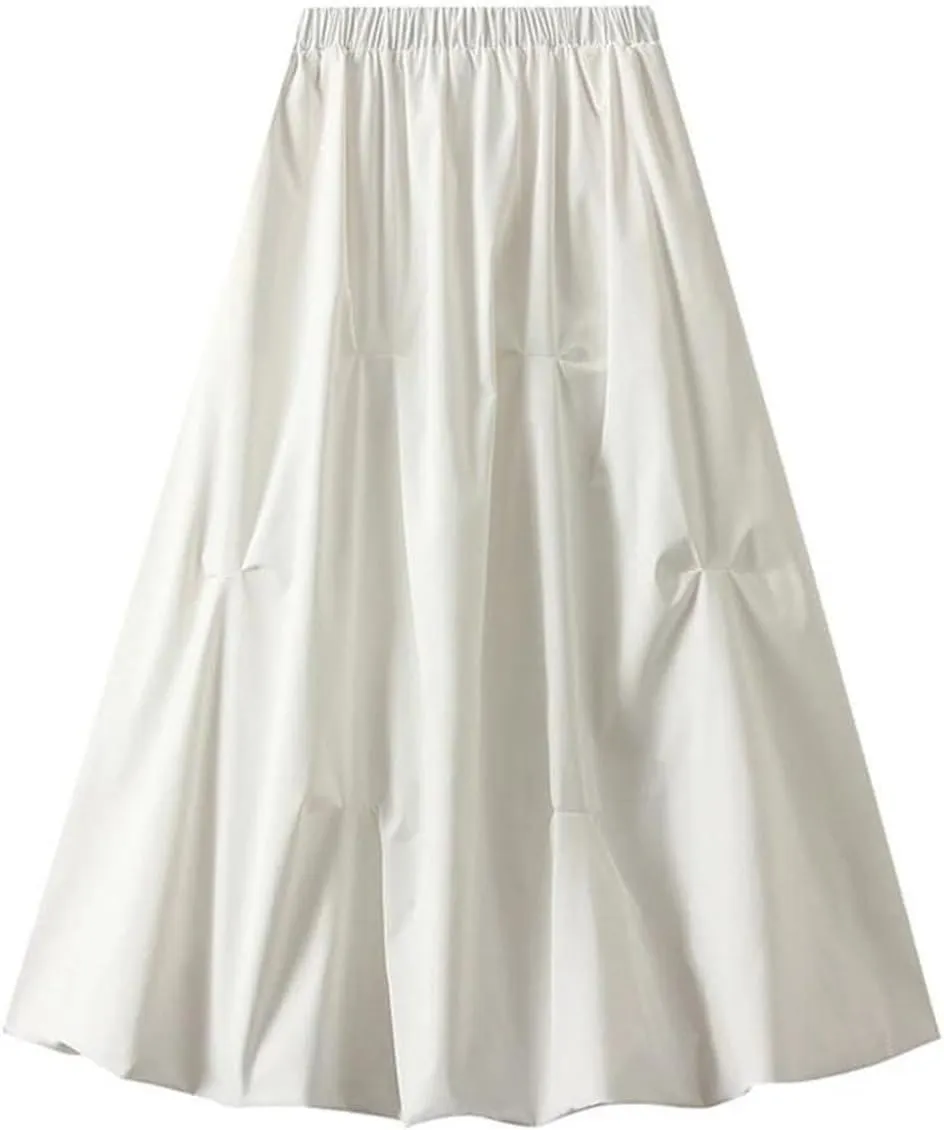 Women's Elasticated High Waist Midi Skirt Summer Pleated Work Office A-line Skirt