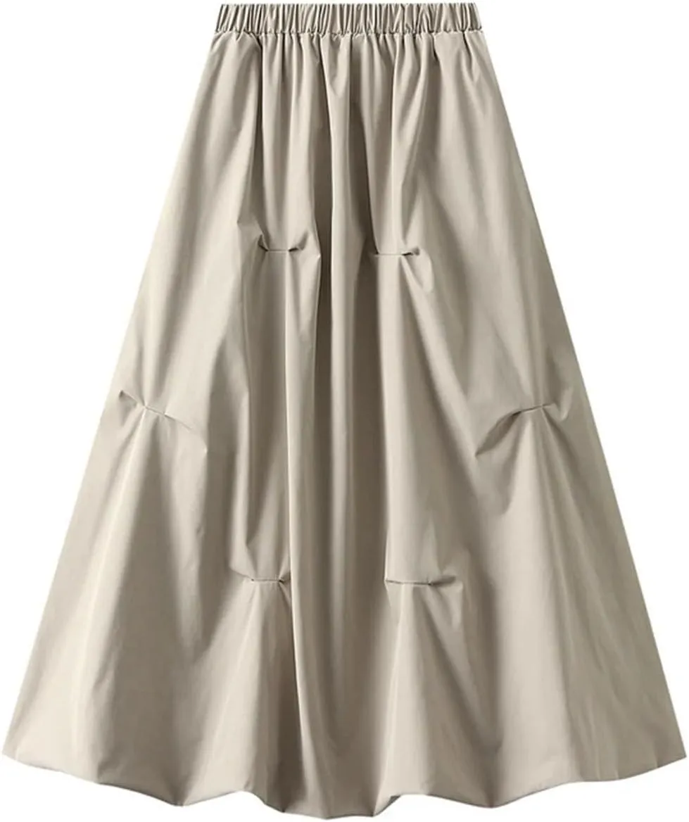 Women's Elasticated High Waist Midi Skirt Summer Pleated Work Office A-line Skirt