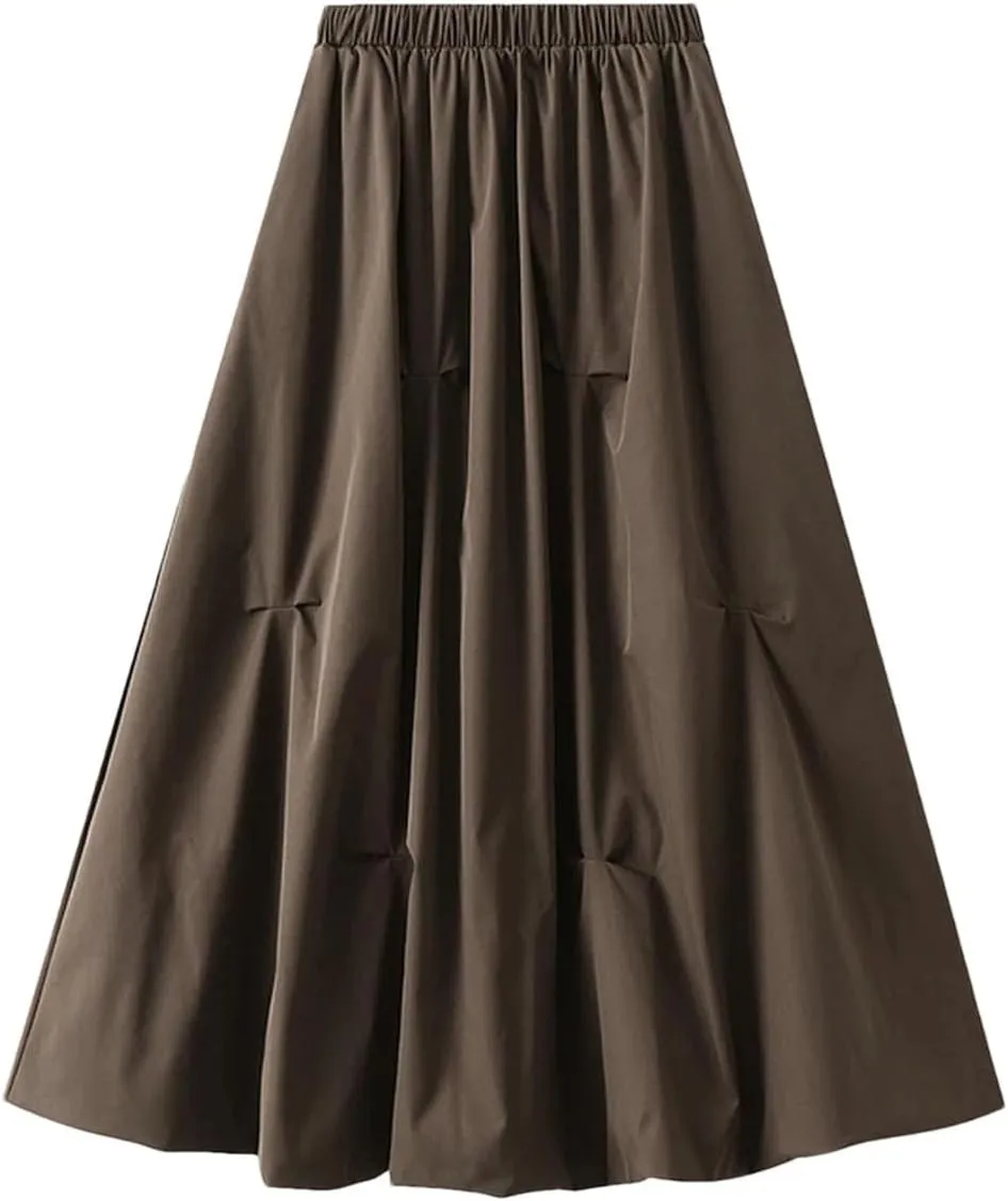 Women's Elasticated High Waist Midi Skirt Summer Pleated Work Office A-line Skirt