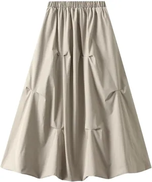 Women's Elasticated High Waist Midi Skirt Summer Pleated Work Office A-line Skirt