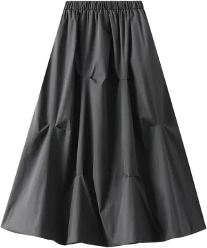 Women's Elasticated High Waist Midi Skirt Summer Pleated Work Office A-line Skirt
