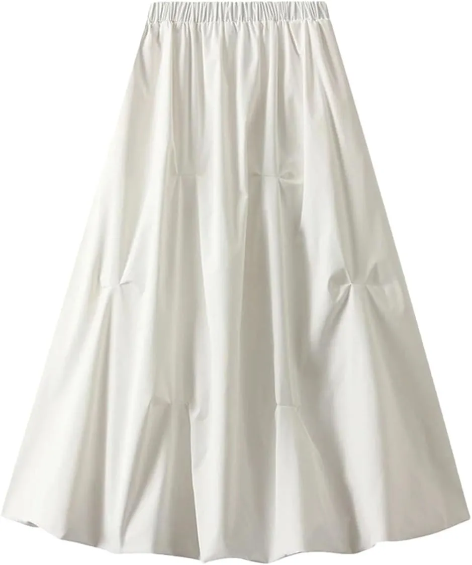 Women's Elasticated High Waist Midi Skirt Summer Pleated Work Office A-line Skirt