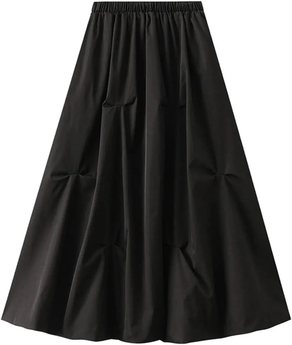 Women's Elasticated High Waist Midi Skirt Summer Pleated Work Office A-line Skirt