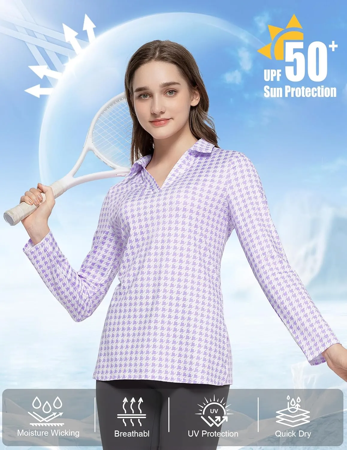 Women's Golf Polo Shirts Long Sleeve Workout Tops V Neck UPF 50  Sun Protection Quick Dry Lightweight Active Shirts